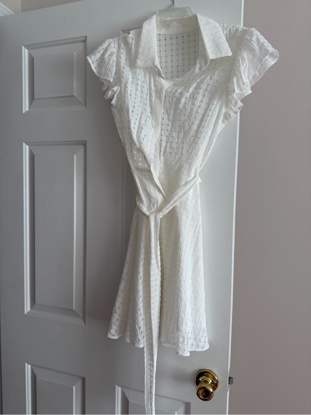 SHEIN White Eyelet Collared Tie-Waist Dress